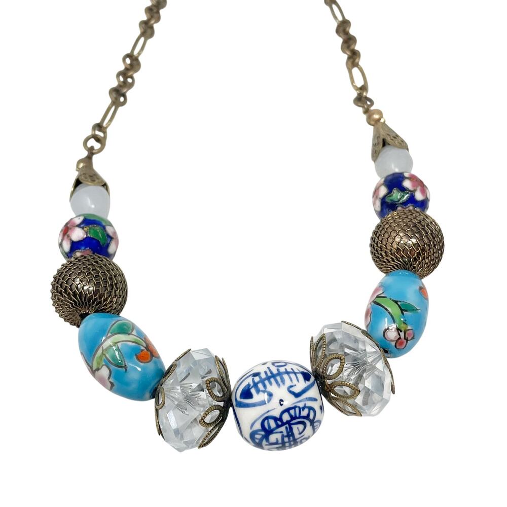 Mixed Glass Beaded Chunky Statement Necklace Blue Antique Gold Boho 2000s
